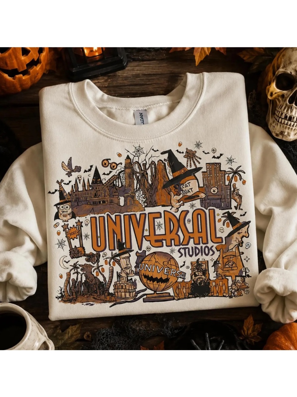 Sand Halloween Graphic Sweatshirt with Orange & Black Art